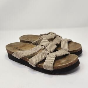 Arcopedico Tan Woven Knit Slip On Sandal Women Size 39 US 8 Cork Comfort Wedge
